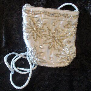 Vintage 1970's Simply Style Pastel Blue Satin Beaded Bucket Crossbody Handbag